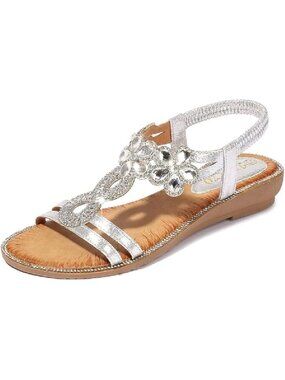 Womens Size 9.5 Sandals Flat Silver Embellished Open Toe Elastic Strap Elegant
